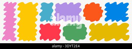 Colorful wavy shape frame set with organic square and rectangle doodle forms. Curvy zigzag text boxes in pink, yellow, blue and green for playful Stock Vector
