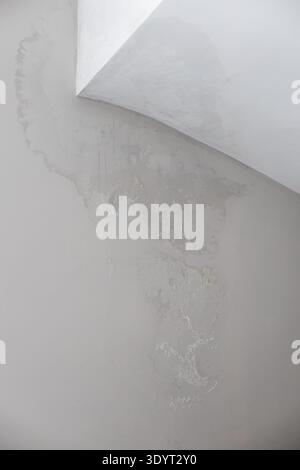 A close-up view of a textured wall with a light gray surface and a white corner. The wall shows signs of wear and unevenness. Stock Photo