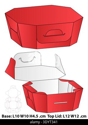 Octagonal Takeaway Box with Handle Dieline Template Stock Vector