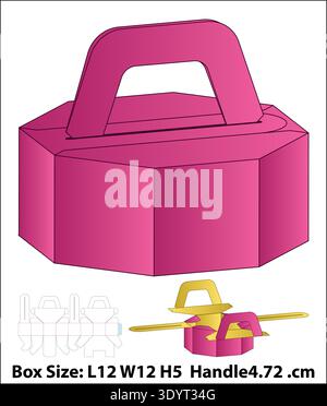 Hexagon Gift Box with Handle Vector Dieline Template Stock Vector