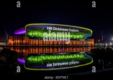 Betfred Super League Magic Weekend, Liverpool, UK. Exterior of Hill Dickinson Stadium illuminated in Magic Weekend colours ahead of the Betfred Super Stock Photo