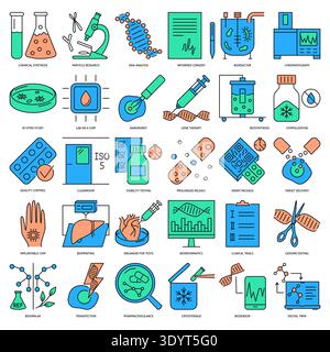 Medical and biotech line icon set featuring lab equipment, robotics and genome editing symbols. Vector illustration Stock Vector