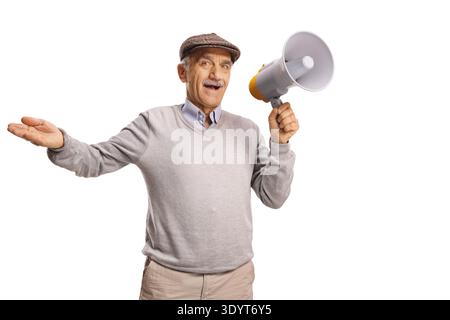 Elderly man talking with megaphone isolated on white background Stock Photo