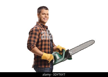 Male worker holding a chainsaw isolated on white background Stock Photo