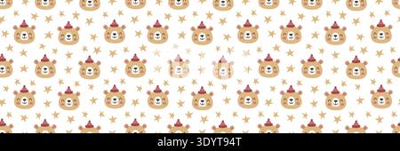Cute bear pattern with adorable animal faces in seamless design. Perfect for winter baby textiles, kids Christmas prints, and nursery decor with charming teddy characters. Stock Vector