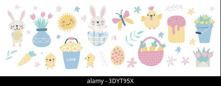 Cute Easter set featuring cartoon bunnies, chicks, decorated eggs, and baskets. Charming animal characters with spring flowers create delightful holiday vector illustrations. Stock Vector