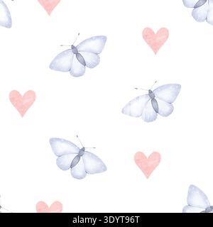 Seamless pattern with blue butterflies and pink hearts. Romantic repeat design for fabric, textile, wallpaper, wrapping paper, packaging, greeting car Stock Photo