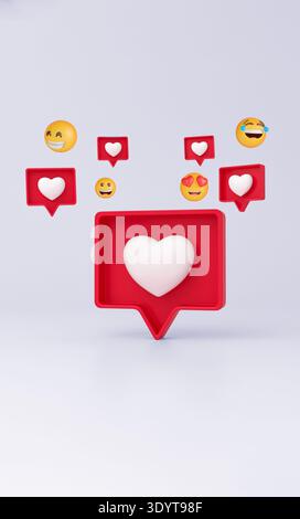 Social media concept showing 3d rendering white heart in red speech bubble with smiling and laughing emoticons Stock Photo
