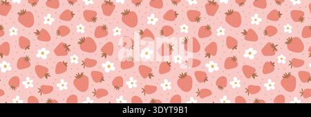 Seamless strawberry vector background with hand-drawn berries and flowers. Cute summer print for fabric, posters, or trendy fashion projects. Vibrant pink and red pattern design. Stock Vector