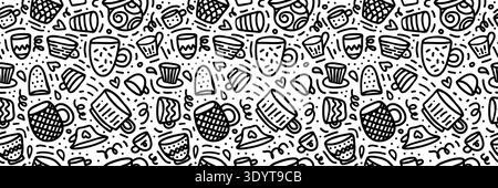 Seamless pattern with hand-drawn coffee cups, tea mugs, and breakfast treats. Cute doodle cafe background with beverage icons. Perfect for kitchen textile design or restaurant decor. Stock Vector