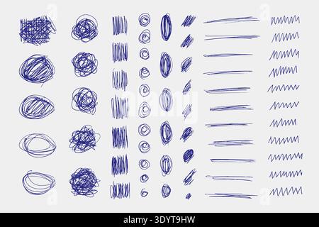 Messy pen blue scratch collection with hand drawn scribbles, circles, lines and chaotic marks, abstract doodle elements for notes, sketches, textures, backgrounds, creative design illustration Stock Vector