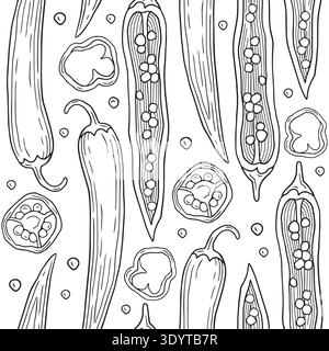Hand-drawn seamless pattern of sliced chili pepper and chili seeds and slices graphic sketch for ingredients or product design Stock Vector