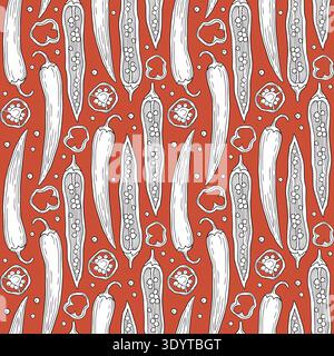 Hand-drawn seamless pattern of sliced chili pepper and chili seeds and slices for ingredients or product design on red background Stock Vector