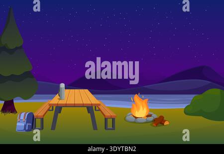 Overnight stop along way. Picnic area, natural rest area with campfire, wooden table and benches. Tourism, travel adventures, outdoor resting vector Stock Vector