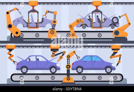 Assemble car on conveyor belt. Robotic hands and manipulators assembly new auto. Cartoon industrial working process, manufacturing sapid vector scene Stock Vector