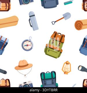 Camping tools seamless pattern. Backpacks, lantern, compass, hat and touristic mat. Nature adventures print for textile, wallpaper, vector background Stock Vector