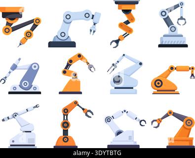 Industrial robotic arm. Conveyor flat hands, modern technologies and automated system for manufacturing. Robot worker, manipulators, sapid vector Stock Vector
