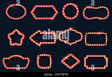 Cartoon bulb frames. Blank lamp signs for circus, theater, cinema. Retro style signboards with lamps. Shining festival fair banners, sapid vector set Stock Vector