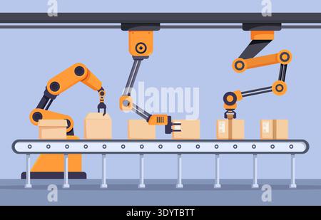 Robotic arms conveyor. Industrial factory work process, automated line with boxes and robots manipulators. Manufacturing progress, sapid vector scene Stock Vector