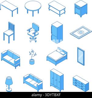 Isometric line home furniture. Living and bedroom accessories. 3d bed sofa, wardrobe chair and tables. Office room elements, home interior nifty Stock Vector