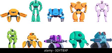 Cartoon transformers. Futuristic cyborgs, various android transformer character. Creative soldier from future in neo armor, ai electronic warriors Stock Vector