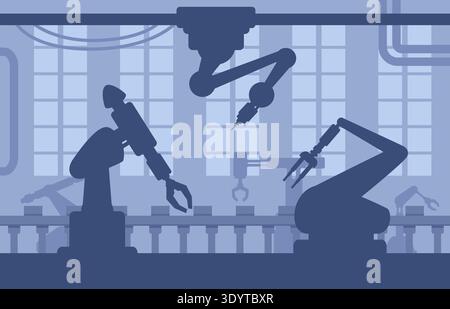 Automated production conveyor. Robotic arms on factory or manufacture. Industrial technologies, robot workers, machinery, sapid vector scene Stock Vector