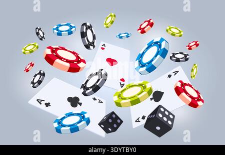 Casino games. Flying playing chips, dices and cards. Gambling, online app for smartphones concept. Poker, roulette games, winner and lucky, sapid Stock Vector
