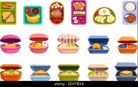 School meals. Cartoon trays from cafeteria with different dishes. Office food in plastic boxes. Sandwiches, fruits, sweets, salads and rice with Stock Vector