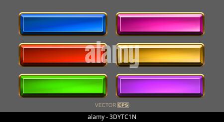 Set of glossy colorful rectangular buttons with golden frames, ideal for game UI or web design. Vector illustration Stock Vector