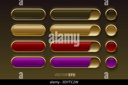 Set of elegant glossy gold-framed buttons and sliders in various colors. A premium UI element pack. Vector illustration. Stock Vector