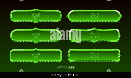 Set of vintage green marquee signs with glowing light bulbs. Perfect for retro announcements or promotional designs. Vector illustration. Stock Vector