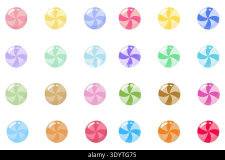 Set of 24 colorful swirl hard candy mints. Sweet glossy round bonbons in pastel and vibrant colors. Perfect for dessert patterns, party designs, and s Stock Vector