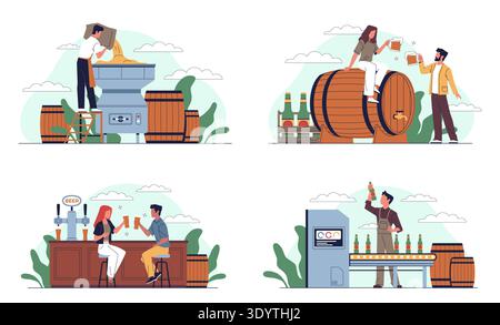 People produce beer. Equipment and ingredients, craft beer production, low alcohol drink, brewing process, manufacturing conveyor packaging bottles Stock Vector