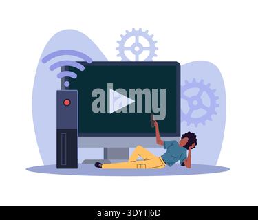 Multimedia Remote control. Entertainment technology, internet bluetooth tv, wireless router, digital streaming and connected media service, person Stock Vector