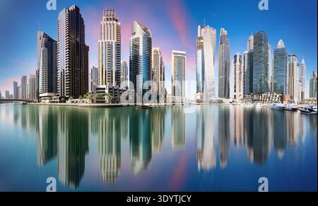 Sunset in Dubai Marina with skyscrapers, United Arab Emirates Stock Photo