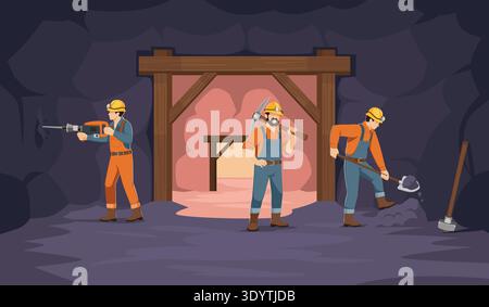 Miners are working. People in overalls drill into cave walls, mining of ore, gold, coa, minerals, underground workers, industrial excavation, labor Stock Vector