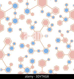 Hexagonal structures seamless pattern. Repeated molecular organic compounds, scientific chemistry schemes, decor textile, wrapping or wallpaper. Print Stock Vector
