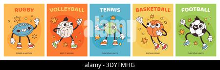 Cartoon ball characters cards. Sport games playing elements, groovy mascot characters, funny retro style, smiling faces, posters design with Stock Vector