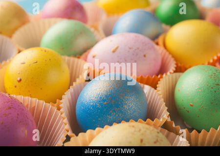 Easter background. Colored eggs closeup Stock Photo