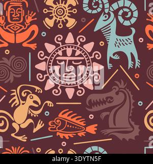 .Inca tribal seamless pattern. Hand drawn maya symbols, ancient culture aztec repeated ethnic ornaments, decor textile, wrapping paper, wallpaper Stock Vector