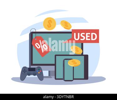 Used electronics sale. Thrift hardware store, outdated models, second hand goods, online commerce and discount pricing, price tag on computer and Stock Vector