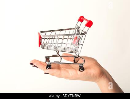 Woman hand holding empty shopping cart Stock Photo