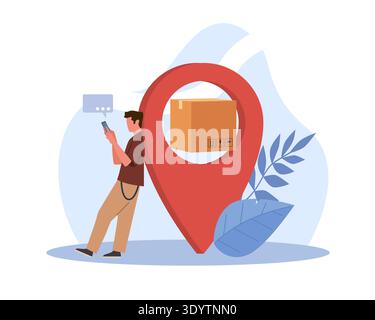Postal tracking service. Online store order, gps parcel path, checking location, order status, parcel shipping and logistics, package on map pin Stock Vector