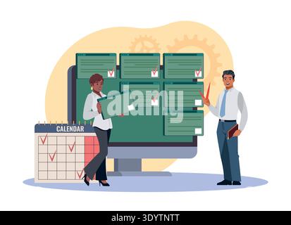 Planning and scheduling. Setting goals on dashboard, completing tasks on time, deadlines, work process, calendar with checklists, agenda status Stock Vector