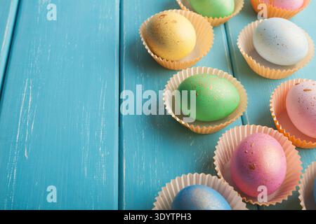 Easter background. Colored eggs closeup Stock Photo