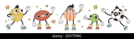 Funny ball mascots. Various sports games, retro cartoon style, groovy characters, soccer, volleyball, rugby and tennis person in active movement Stock Vector