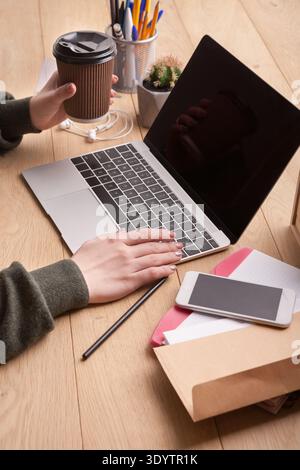 Closeup of female hands typing on laptop keyboard Stock Photo