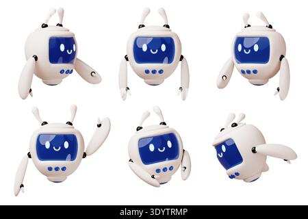 Cartoon 3d robot. Funny bot assistant, different poses, angles view render character, friendly android, futuristic digital mascot, artificial Stock Vector