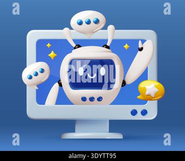 3d cartoon robot helps from monitor. Cute android assistant on computer screen, online AI communication with funny bot interface, digital customer Stock Vector
