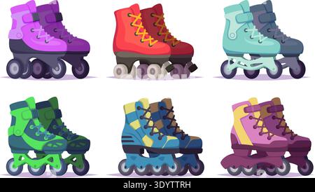 Roller skates. 80s shoes with rubber wheels exact vector sport skates set Stock Vector